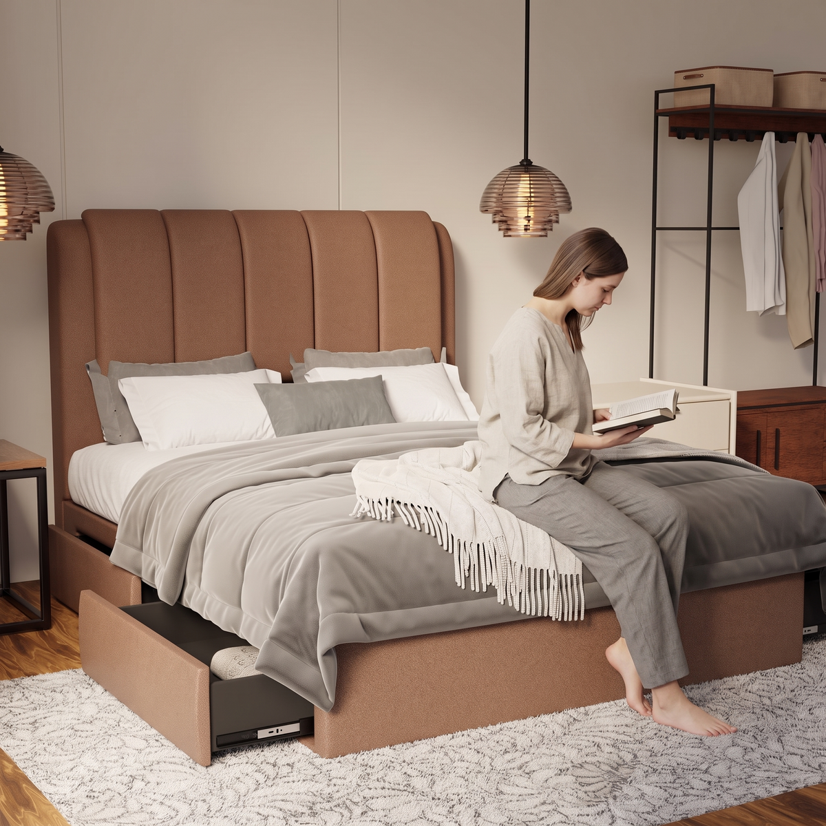 Asteron Fabric Drawer Bed Frame (Water Repellent & Pet friendly) in brown, shown in a bedroom with the storage drawer open