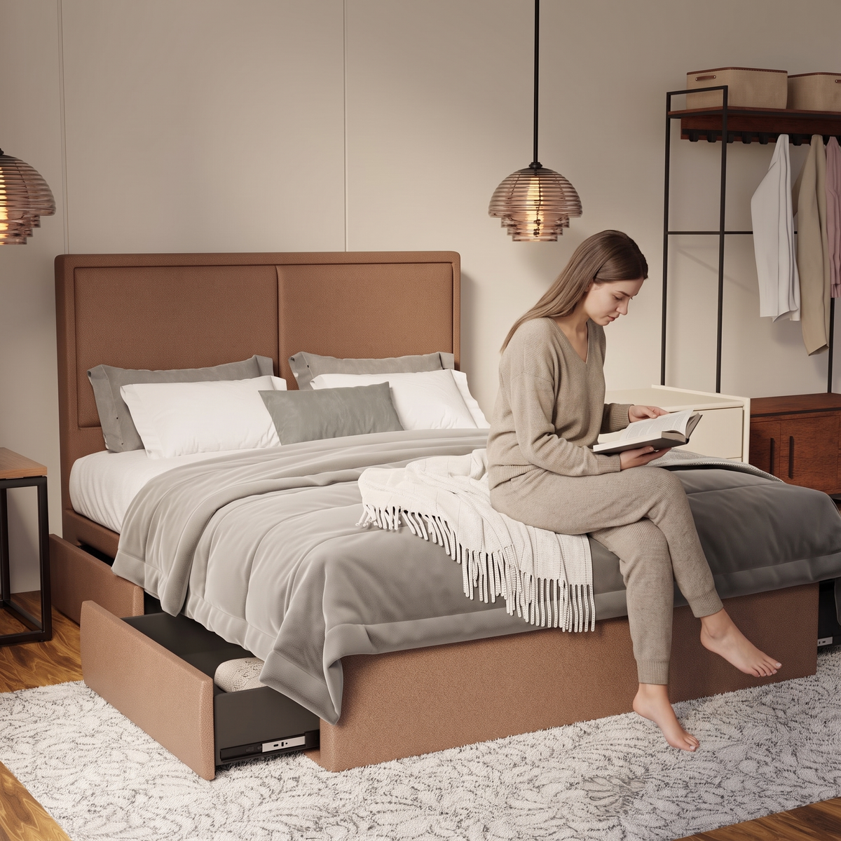 Bravelle Fabric Drawer Bed Frame (Water Repellent & Pet friendly) in brown, shown in a bedroom with the storage drawer open