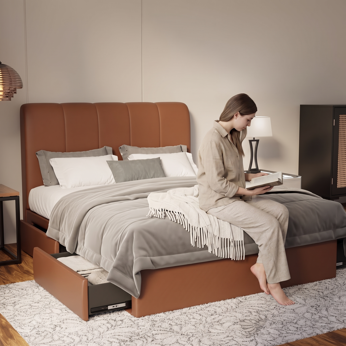 Caldrin Faux Leather Drawer Bed Frame (Pet Friendly) in brown, shown in a bedroom with the storage drawer open