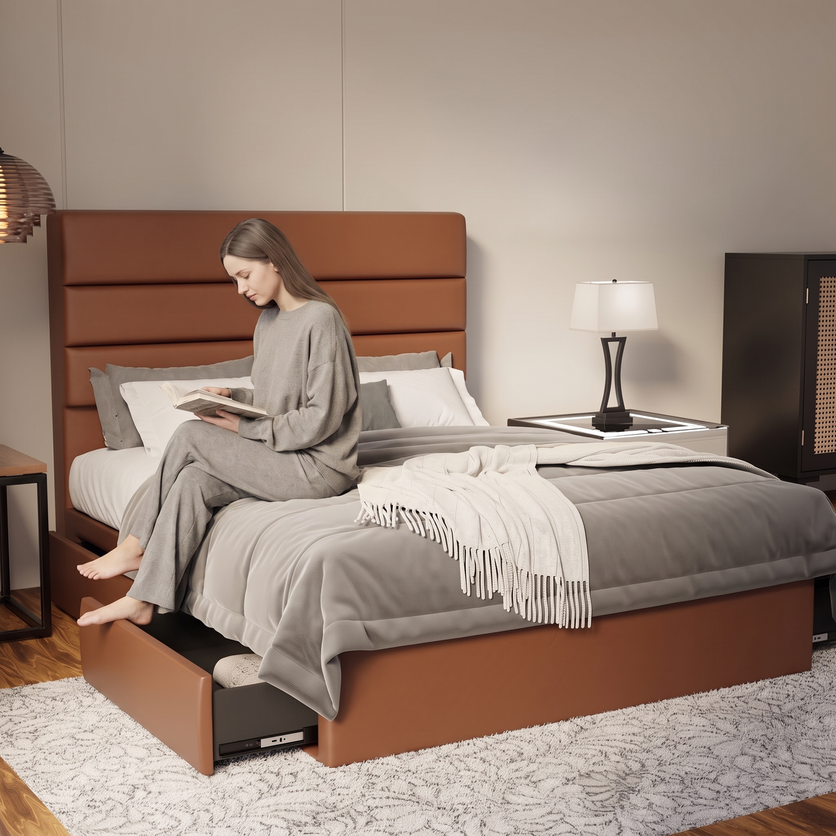 Corlune Faux Leather Drawer Bed Frame (Pet Friendly) in brown, shown in a bedroom with the storage drawer open