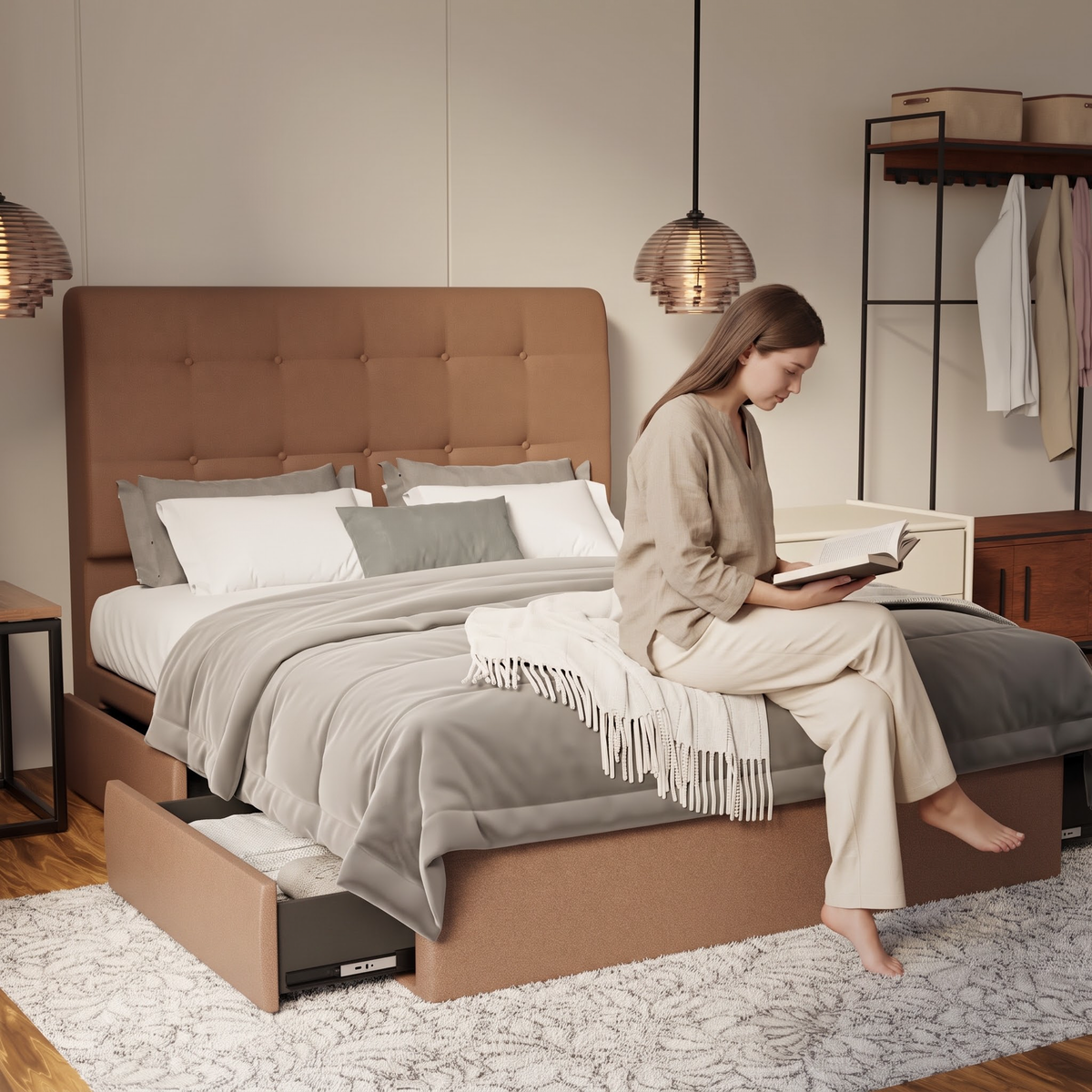 Endora Fabric Drawer Bed Frame (Water Repellent & Pet friendly) in brown, shown in a bedroom with the storage drawer open
