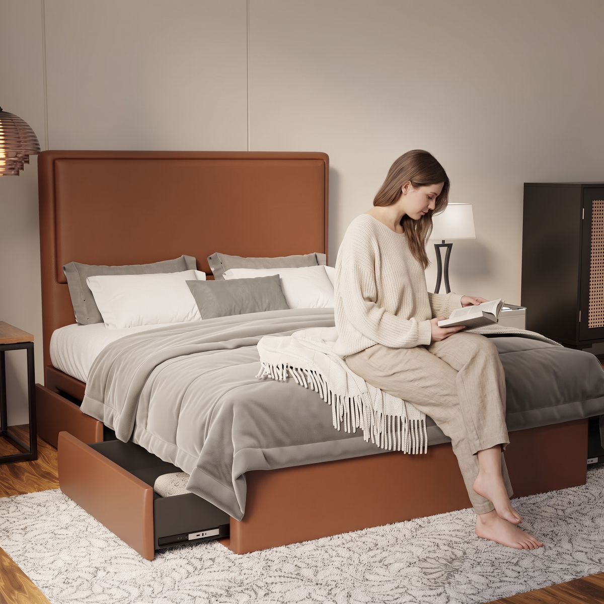 Shiro Faux Leather Drawer Bed Frame (Pet Friendly) in brown, shown in a bedroom with the storage drawer open