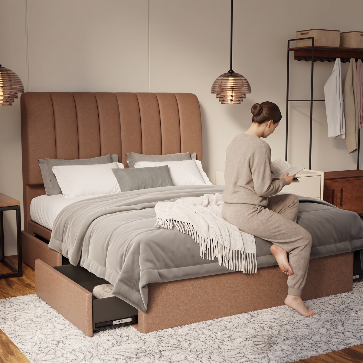 Trevino Fabric Drawer Bed Frame (Water Repellent & Pet friendly) in brown, shown in a bedroom with the storage drawer open