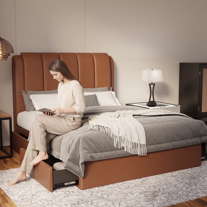Asteron Faux Leather Drawer Bed Frame (Pet Friendly) in brown, shown in a bedroom with the storage drawer open