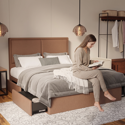 Bravelle Fabric Drawer Bed Frame (Water Repellent & Pet friendly) in brown, shown in a bedroom with the storage drawer open