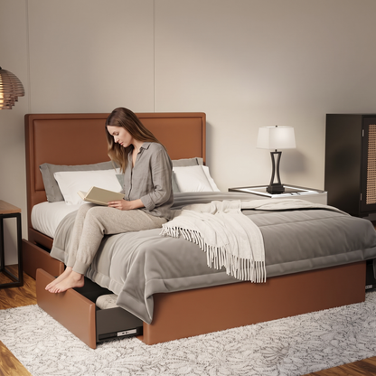 Bravelle Faux Leather Drawer Bed Frame (Pet Friendly) in brown, shown in a bedroom with the storage drawer open