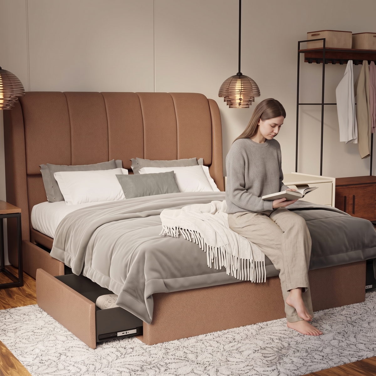 Brinley Fabric Drawer Bed Frame (Water Repellent & Pet friendly) in brown, shown in a bedroom with the storage drawer open