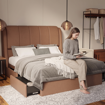 Brinley Fabric Drawer Bed Frame (Water Repellent & Pet friendly) in brown, shown in a bedroom with the storage drawer open