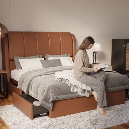 Brinley Faux Leather Drawer Bed Frame (Pet Friendly) in brown, shown in a bedroom with the storage drawer open