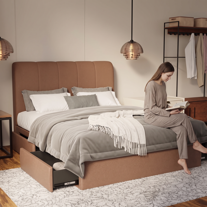 Caldrin Fabric Drawer Bed Frame (Water Repellent & Pet friendly) in brown, shown in a bedroom with the storage drawer open