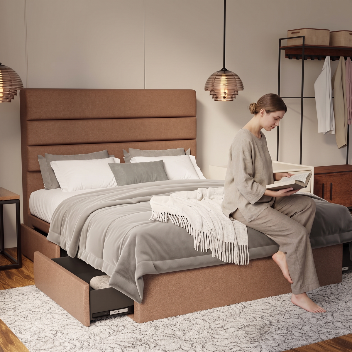 Corlune Fabric Drawer Bed Frame (Water Repellent & Pet friendly) in brown, shown in a bedroom with the storage drawer open