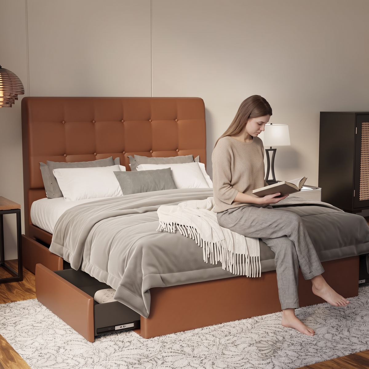Endora Faux Leather Drawer Bed Frame (Pet Friendly) in brown, shown in a bedroom with the storage drawer open