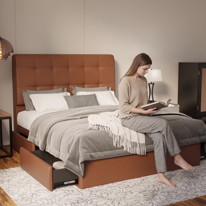 Endora Faux Leather Drawer Bed Frame (Pet Friendly) in brown, shown in a bedroom with the storage drawer open