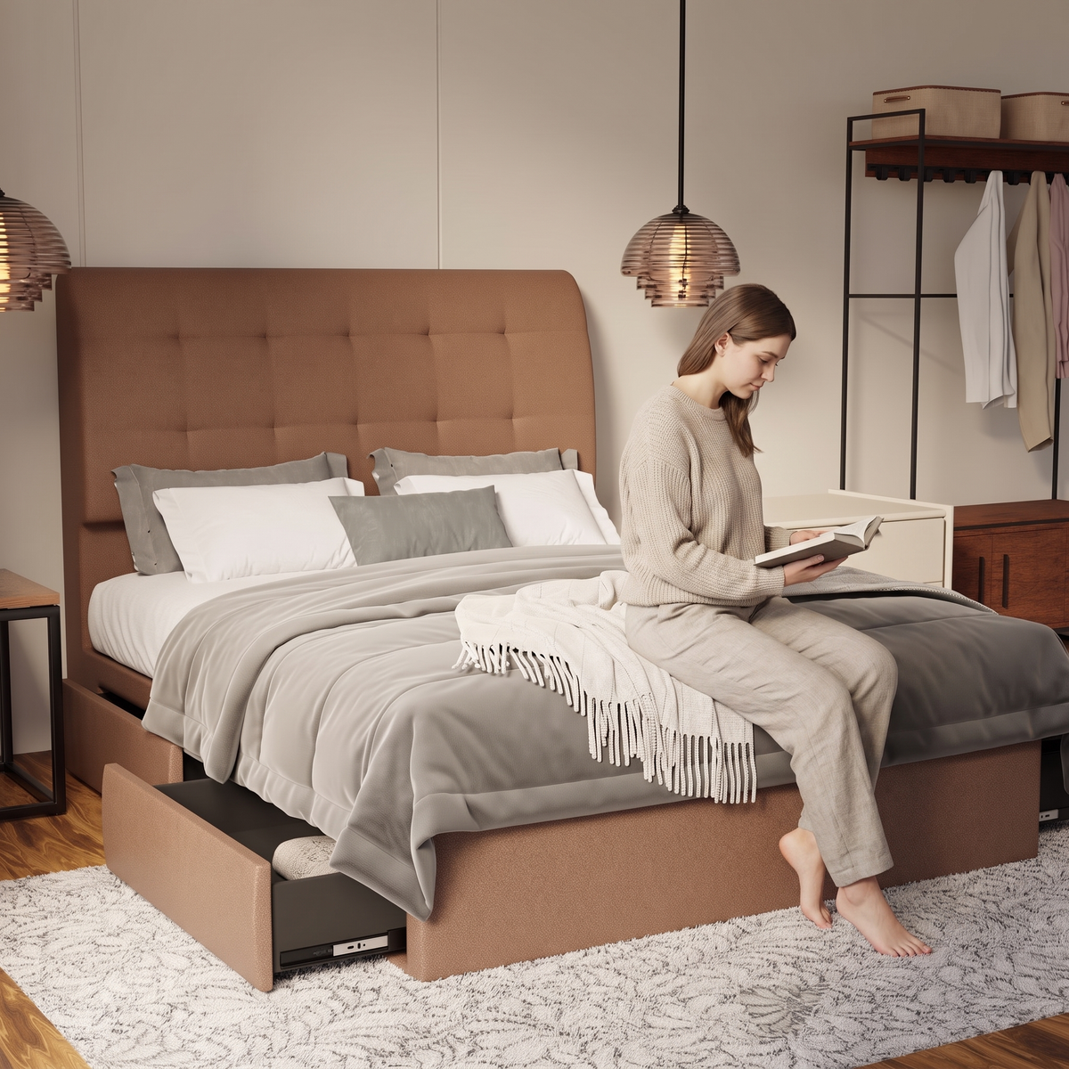 Haldor Fabric Drawer Bed Frame (Water Repellent & Pet friendly) in brown, shown in a bedroom with the storage drawer open