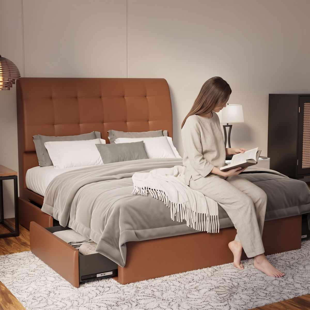 Haldor Faux Leather Drawer Bed Frame (Pet Friendly) in brown, shown in a bedroom with the storage drawer open