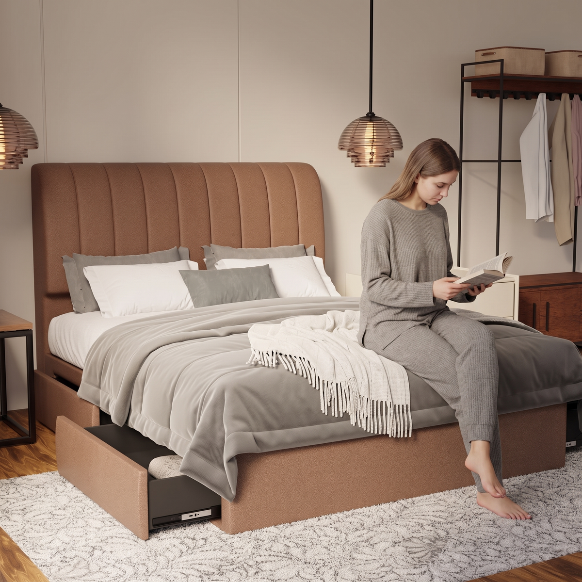 Kuro Fabric Drawer Bed Frame (Water Repellent & Pet friendly) in brown, shown in a bedroom with the storage drawer open
