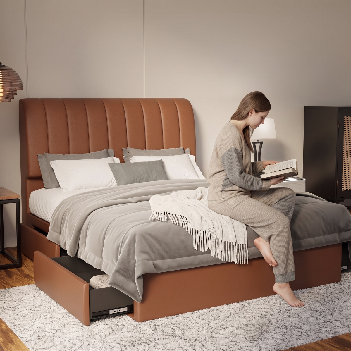 Kuro Faux Leather Drawer Bed Frame (Pet Friendly) in brown, shown in a bedroom with the storage drawer open