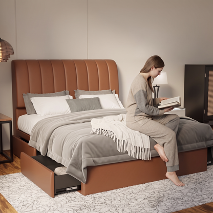 Kuro Faux Leather Drawer Bed Frame (Pet Friendly) in brown, shown in a bedroom with the storage drawer open