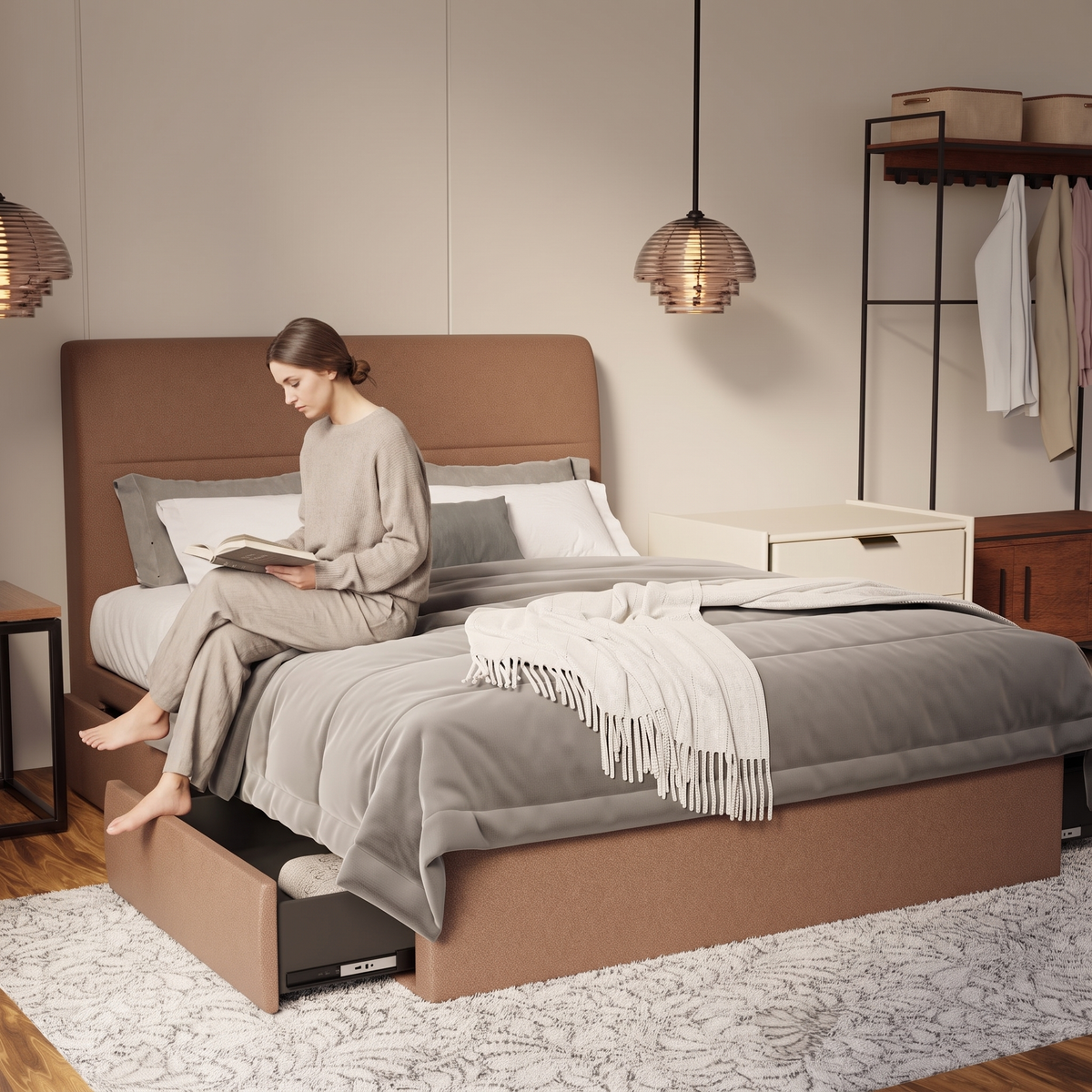 Lysara Fabric Drawer Bed Frame (Water Repellent & Pet friendly) in brown, shown in a bedroom with the storage drawer open
