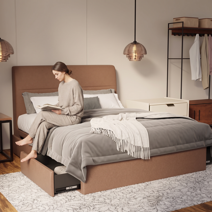 Lysara Fabric Drawer Bed Frame (Water Repellent & Pet friendly) in brown, shown in a bedroom with the storage drawer open