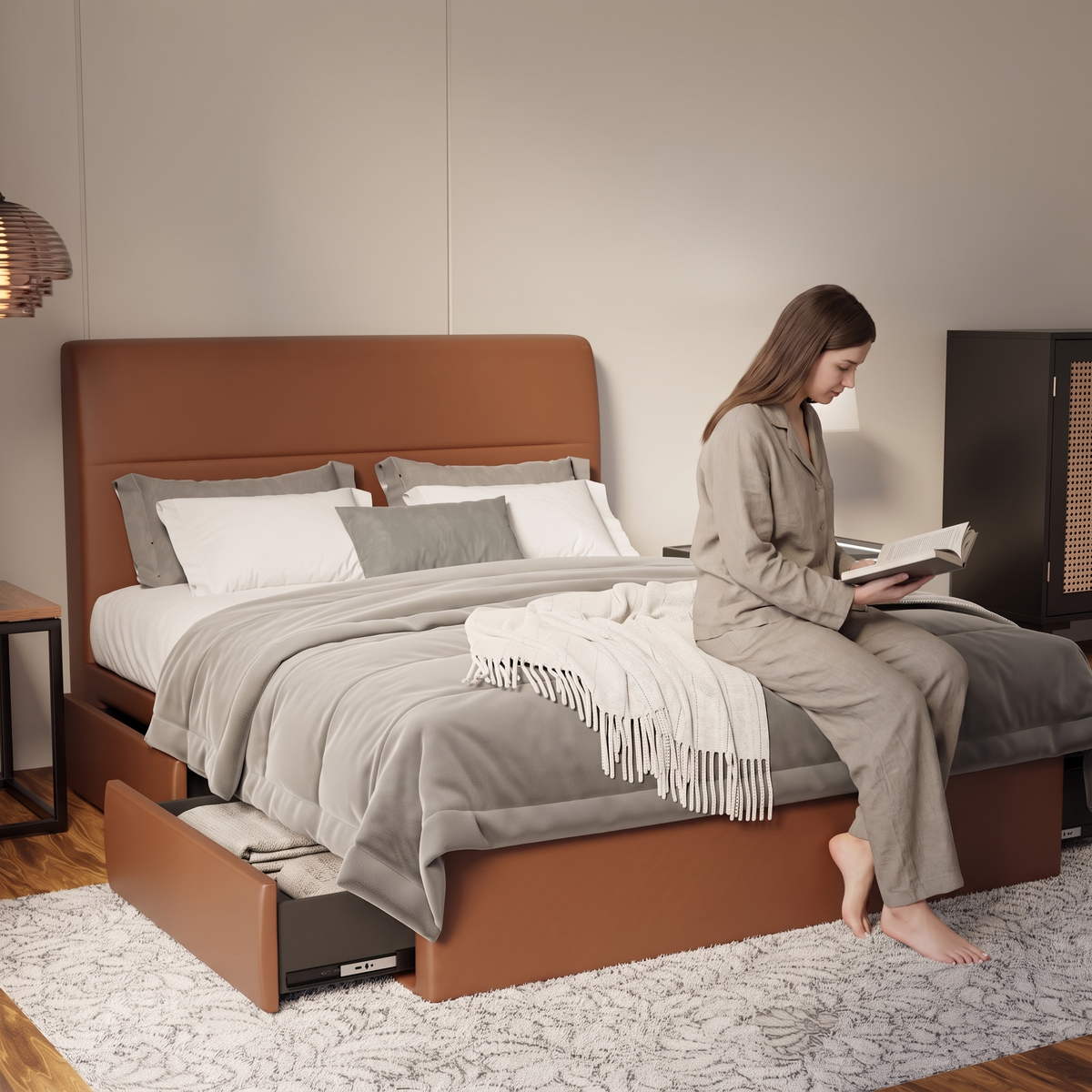 Lysara Faux Leather Drawer Bed Frame (Pet Friendly) in brown, shown in a bedroom with the storage drawer open