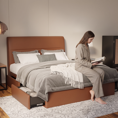 Lysara Faux Leather Drawer Bed Frame (Pet Friendly) in brown, shown in a bedroom with the storage drawer open