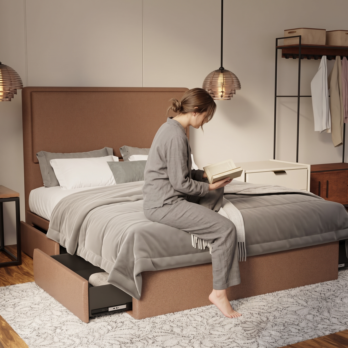 Shiro Fabric Drawer Bed Frame (Water Repellent & Pet friendly) in brown, shown in a bedroom with the storage drawer open