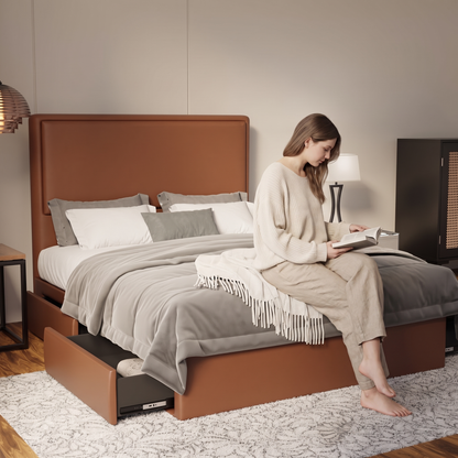 Shiro Faux Leather Drawer Bed Frame (Pet Friendly) in brown, shown in a bedroom with the storage drawer open