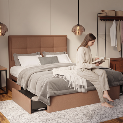 Solvane Fabric Drawer Bed Frame (Water Repellent & Pet friendly) in brown, shown in a bedroom with the storage drawer open