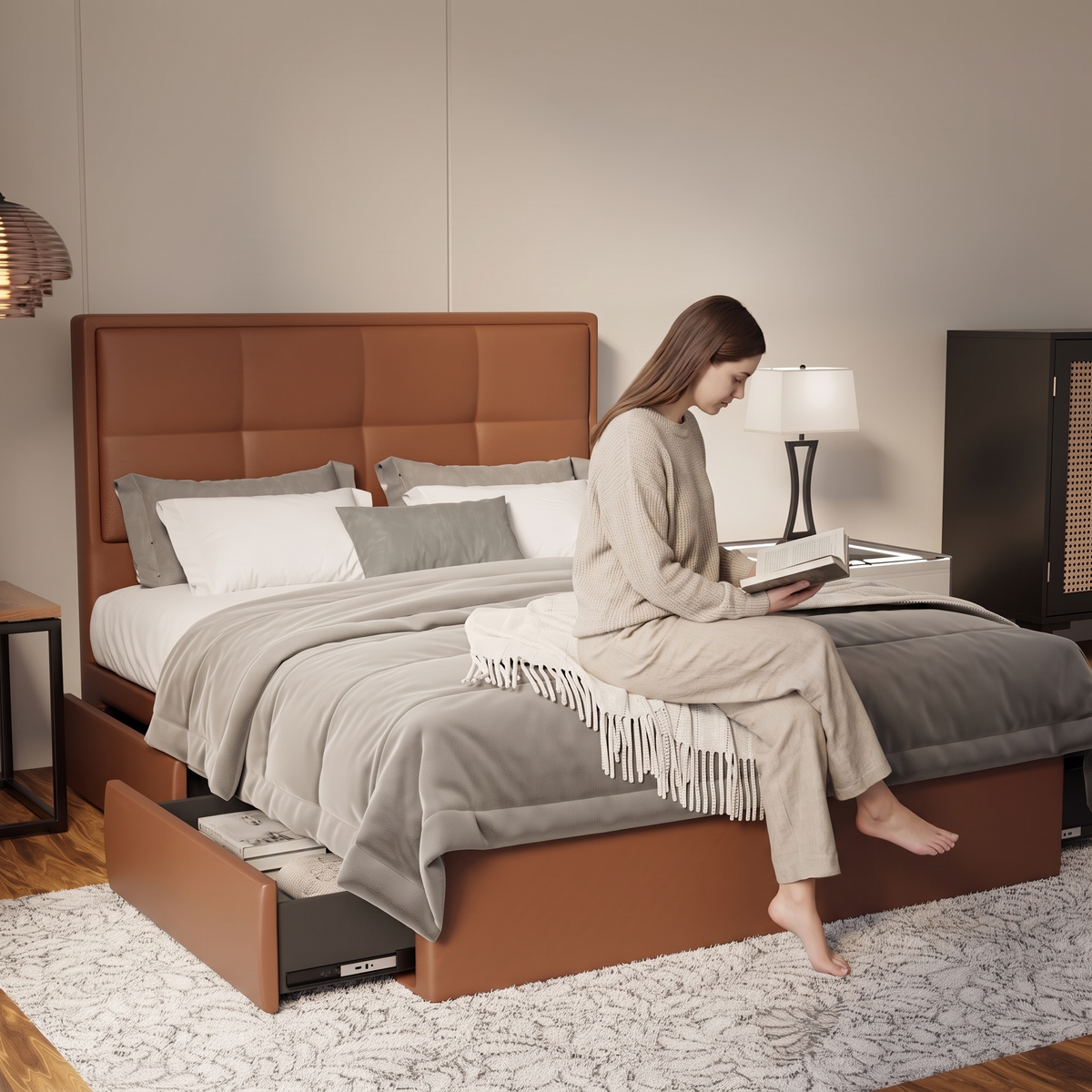 Solvane Faux Leather Drawer Bed Frame (Pet Friendly) in brown, shown in a bedroom with the storage drawer open