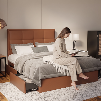 Solvane Faux Leather Drawer Bed Frame (Pet Friendly) in brown, shown in a bedroom with the storage drawer open