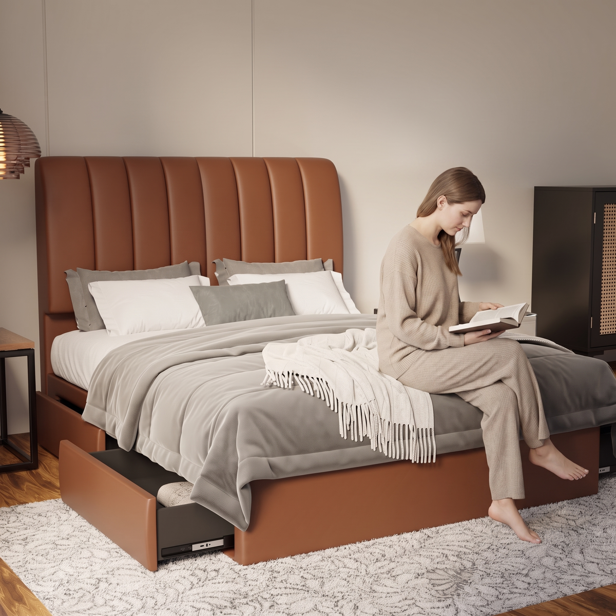Trevino Faux Leather Drawer Bed Frame (Pet Friendly) in brown, shown in a bedroom with the storage drawer open