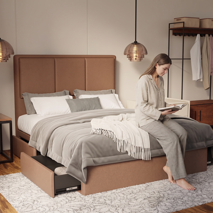 Velmira Fabric Drawer Bed Frame (Water Repellent & Pet friendly) in brown, shown in a bedroom with the storage drawer open