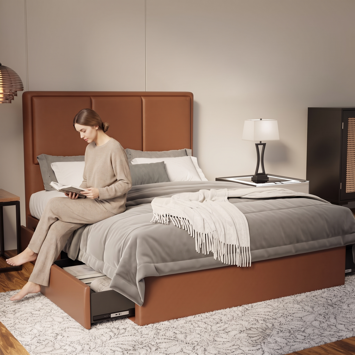 Velmira Faux Leather Drawer Bed Frame (Pet Friendly) in brown, shown in a bedroom with the storage drawer open