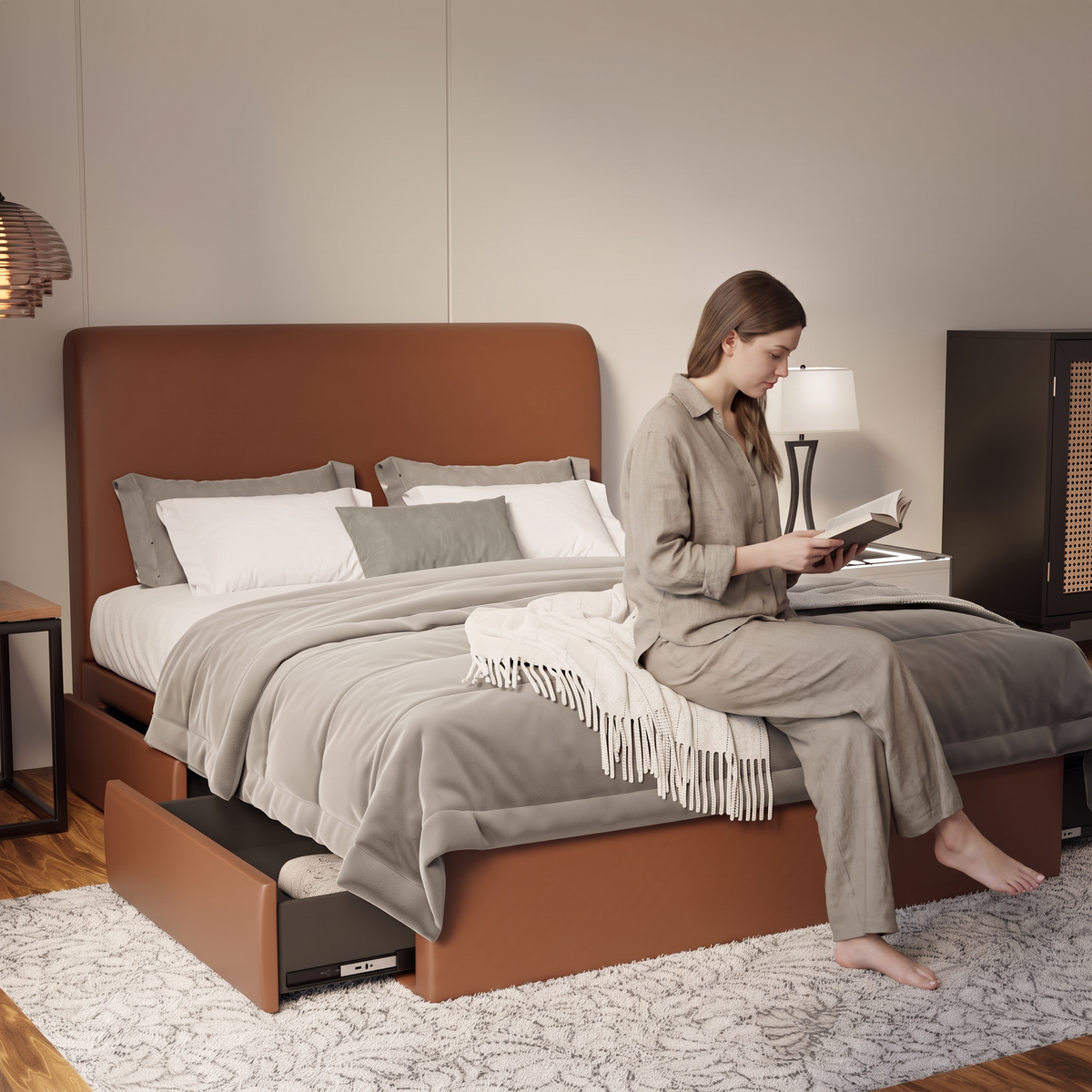 Vintaro Fabric Drawer Bed Frame in brown shown in a bedroom with the storage drawer open