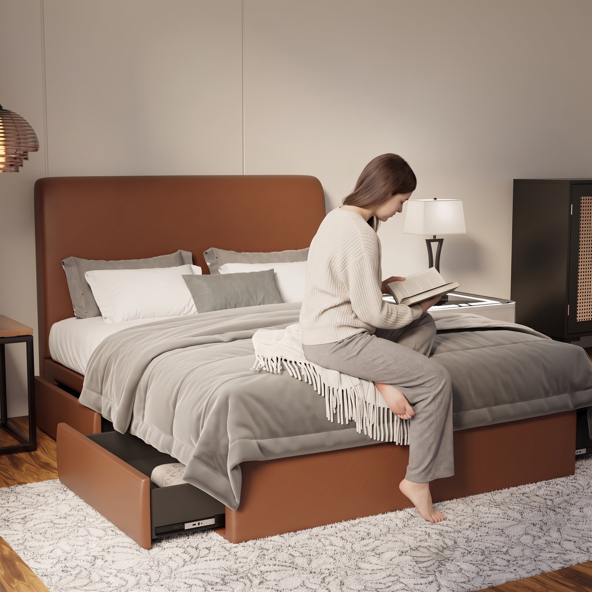 Vintaro Faux Leather Drawer Bed Frame (Pet Friendly) in brown, shown in a bedroom with the storage drawer open