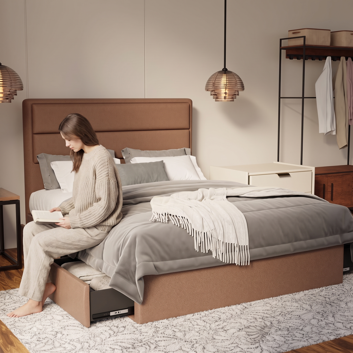 Zorvain Fabric Drawer Bed Frame (Water Repellent & Pet friendly) in brown, shown in a bedroom with the storage drawer open