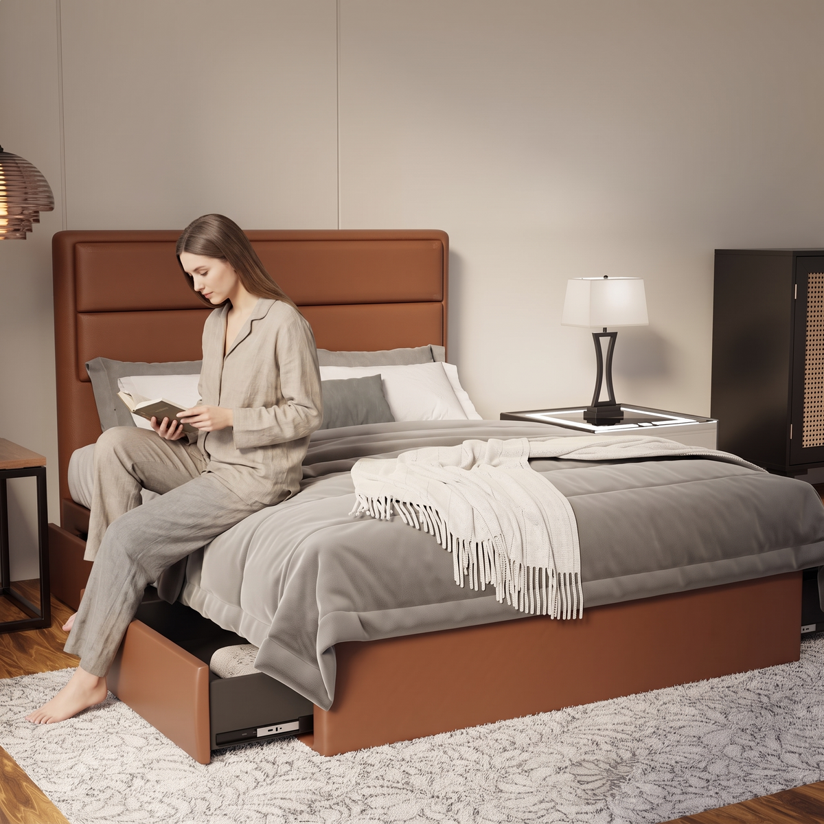 Zorvain Faux Leather Drawer Bed Frame (Pet Friendly) in brown, shown in a bedroom with the storage drawer open